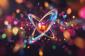 Poster - Vibrant Atom Structure Glowing with Colorful Energy Orbits in Dark Space