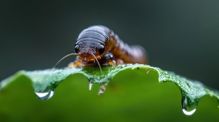 Poster - Close-up macro shot of an orange caterpillar with glistening eyes crawling on a vibrant green leaf adorned with water droplets, set against a soft-focused dark background