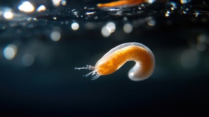 Aufkleber - Close-up shot of a small, translucent orange worm or larva swimming in clear water. The worm is curled in a C-shape with blurry background