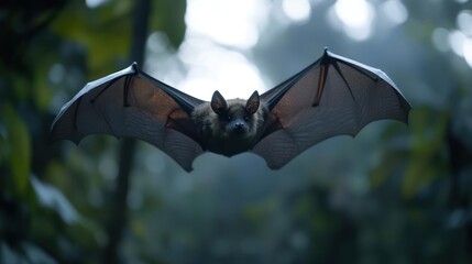 Aufkleber - Dramatic close-up of a bat in mid-flight, wings spread wide, against a softly blurred green forest background, detailed fur, and slightly visible teeth under bright, diffused light