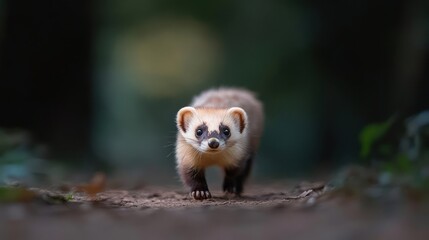 Aufkleber - A portrait of an adorable light brown and white weasel walking through a forest path, the shot is a closeup focused on the animal's face, set against a backdrop of blurry natural green tones