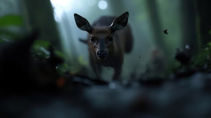 Poster - A brown deer in a foggy forest stands amidst lush green foliage. The low-angle shot, with focus on the deer's face, captures the serene natural environment and the animal's quiet presence