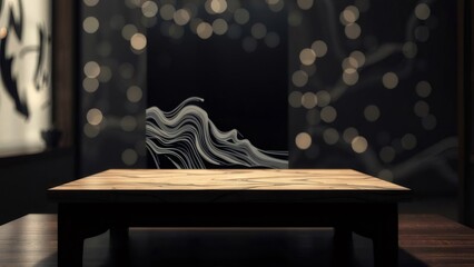 Aufkleber - 木製テーブルと抽象的なアート作品を配置した落ち着いた雰囲気の室内空間 照明と奥行き感のある美しい背景デザイン