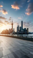 Aufkleber - 上海のスカイラインと川の風景 夕焼けの空と建造物が織りなす美しい都市景観