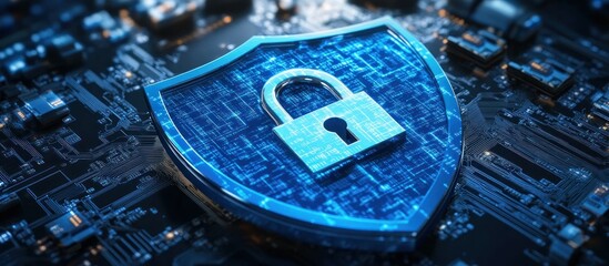 Poster - a futuristic digital illustration featuring a metallic padlock resting on a shield, symbolizing cybersecurity and data protection within a complex circuit board landscape