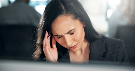 Poster - Business, computer and woman with headache in office for legal research burnout, brain fog and overworked. Consultant, person and tension migraine with deadline pressure, pain and litigation stress