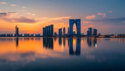 Aufkleber - 夕焼け時の都会のスカイライン 水面に映るシルエット 高層ビル群と夕日の美しい風景