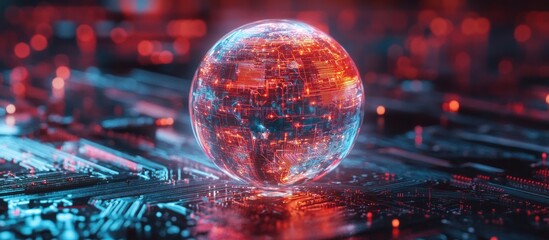 Poster - illuminating sphere of interconnected digital circuits reflecting on a futuristic motherboard surface creating a compelling vision of technological advancement and innovative connectivity