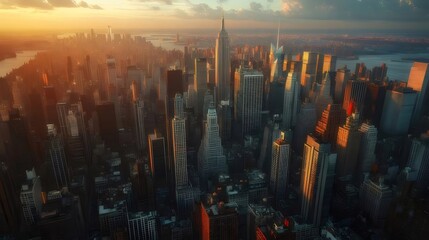 Aufkleber - 都市のスカイライン夕焼け時の俯瞰図 高層ビルと空のコントラスト 光と影が織りなす風景