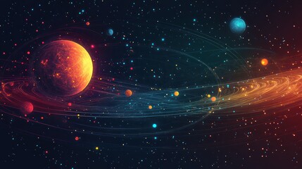 fiery planet orbiting galaxy, cosmic dust, space background, science fiction art