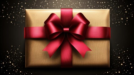Poster - a shimmering golden gift box adorned with a luxurious ruby ribbon against a backdrop of twinkling stardust evoking feelings of celebration and anticipation of joyous moments