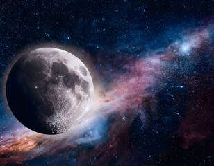 Poster - A stunning view of a detailed moon surrounded by a vibrant, star-filled galaxy, showcasing the beauty of outer space