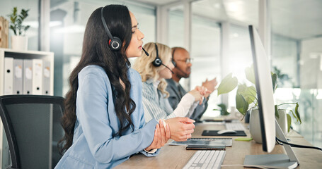 Poster - Call center, woman and computer with wrist pain in office, muscle tension and ache for carpal tunnel. Coworking, consultant and telemarketing with joint injury for arthritis, osteoporosis and hands