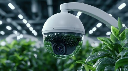 Poster - Advanced security system with a sleek white surveillance camera tracking movements in a busy supermarket, ensuring safety.