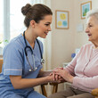 © Sumanta - female doctor talking to a patient. A female nurse caregiver holds hands to encourage and comfort an elderly woman.