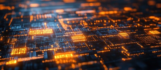 Poster - abstract glowing network pattern representing futuristic technology and interconnectivity with bright orange digital signals over a dark blue base creating a complex and modern visual texture
