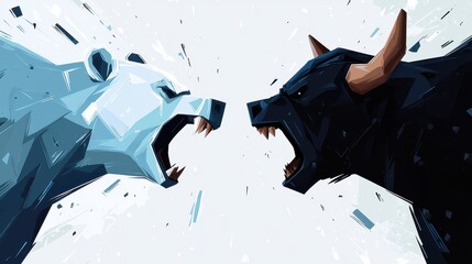 Poster - Digital artwork of a stylized bear and bull in a head-to-head battle, representing trading highs and lows.