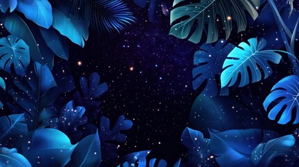 Poster - enigmatic botanical haven capturing the serene beauty of deep blue tropical foliage illuminated by a scattering of starlight on a dark cosmic background