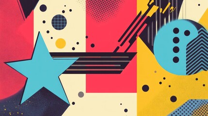 Poster - dynamic composition of geometric shapes and halftone patterns evoking retro modernism in a vivid color palette creating a vibrant abstract background