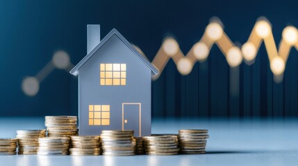 Poster - Mini house model on piles of coins with a glowing upward graph, representing housing market appreciation and smart real estate investment.