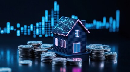 Poster - Mini house model on piles of coins with a glowing upward graph, representing housing market appreciation and smart real estate investment.