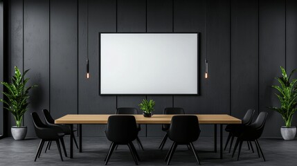 Poster - Minimalist corporate conference room with a long wooden table, black chairs, and a large whiteboard, symbolizing business collaboration.