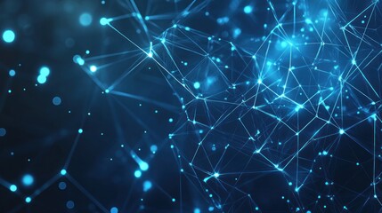 Poster - complex interconnected network of blue luminous nodes and lines against a dark background symbolizing technology data communication connectivity and innovative digital future