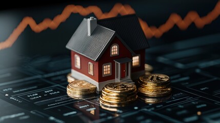 Poster - Small house figurine on gold coins with a growing trend line in the background, symbolizing financial security and real estate appreciation.