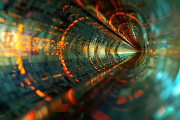 Fototapete - Abstract digital art depicting a vibrant, futuristic tunnel of data and light