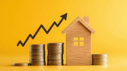 Poster - Stack of coins with a wooden house icon and an ascending trend line, symbolizing real estate investment, financial stability, and property growth.