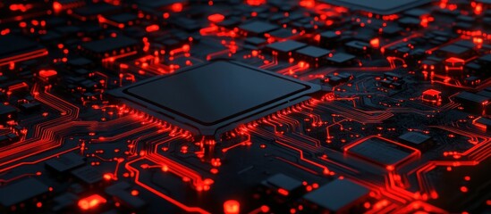 Poster - intricate network of glowing red pathways illuminating a central processor on a dark circuit board symbolizing advanced technology and connectivity representing modern digital infrastructure