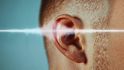 Aufkleber - Sound waves are entering a man's ear, visualizing increasing sound levels and representing the concepts of hearing, audiology, and noise perception