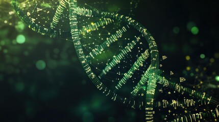 Poster - conceptual visualization of digital dna strand with glowing nodes and connecting lines creating an advanced technological representation of genetic code analysis and innovation