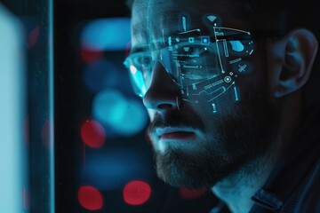Fototapete - Futuristic Man with Augmented Reality Interface