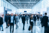 Busy trade show floor bustling crowds energetic atmosphere