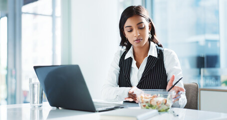 Poster - Business, woman and laptop with food in office for working break, nutrition and eating meal with online research. Corporate, employee and salad bowl at desk for healthy lunch, hungry and productivity