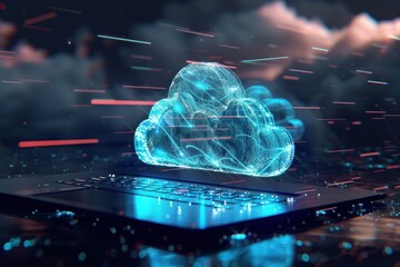 Fototapete - Abstract cloud symbol above laptop, showcasing digital transformation and cloud computing concepts