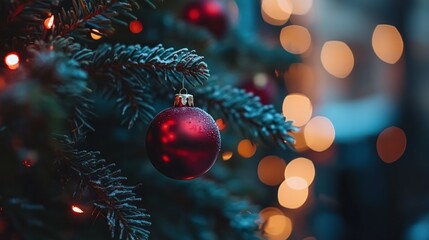 Poster - festive christmas tree ornament against a backdrop of golden bokeh lights conveying the magic and tranquility of the holiday season creating a warm atmosphere