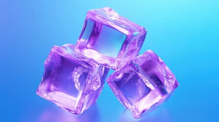 Poster - a mesmerizing stack of three meticulously crafted ice cubes under radiant purple and blue light creating an ethereal atmosphere and highlighting their captivating translucence