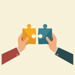 Poster - Two hands bring together interlocking puzzle pieces, symbolizing cooperation and problem solving.