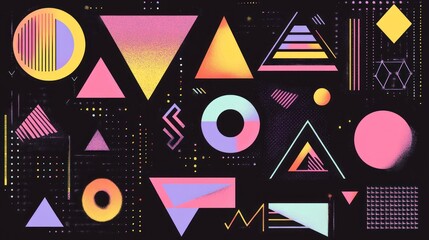 Poster - vibrant geometric abstraction featuring triangles circles and linear elements against a dark backdrop creating a bold dynamic composition suitable for modern design projects