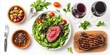 © isolatedgenerativeai - Gourmet meal set, steak, wine, salad, with white background