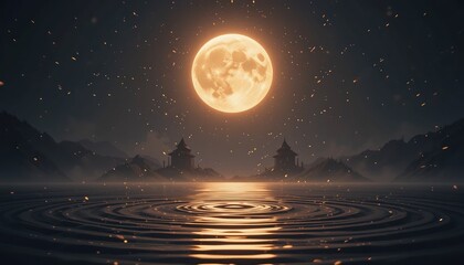 Poster - Enchanting night scene with full moon reflection serene lake digital art tranquil environment atmospheric view mystical concept