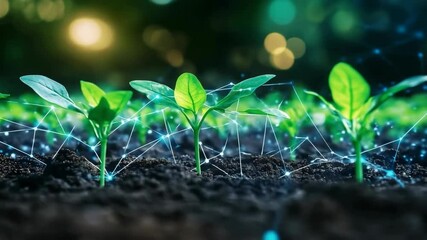 Poster - green seedlings in dark soil with glowing digital network connections, symbolizing technology in agriculture innovation