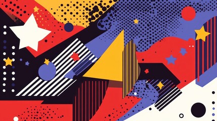 Poster - a vibrant geometric abstract composition featuring playful shapes like stars triangles circles and lines in a bold color palette creating a dynamic and festive visual experience