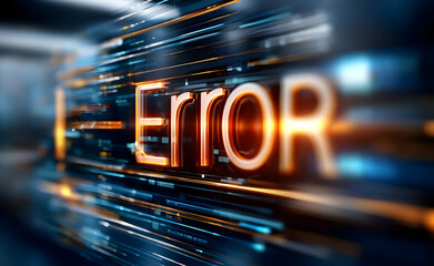 Poster - A close-up of a digital error message illuminated in bright orange against a blurred background of abstract data streams, symbolizing tech issues.