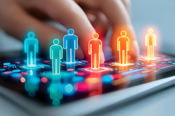 Poster - A close-up of a hand interacting with a digital tablet, showcasing illuminated figures symbolizing connection and technology in a modern environment.