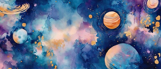 Wall Mural - a painting of the solar system with a blue background and gold stars