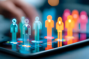 Poster - A futuristic representation of digital people icons on a tablet screen, showcasing the blend of human interaction and technology in a modern environment.