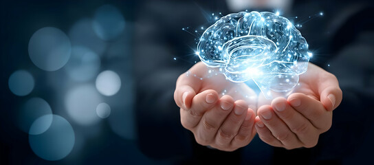 Poster - A pair of hands holds a glowing, digital brain, symbolizing innovation, technology, and the advancement of artificial intelligence and neuroscience.